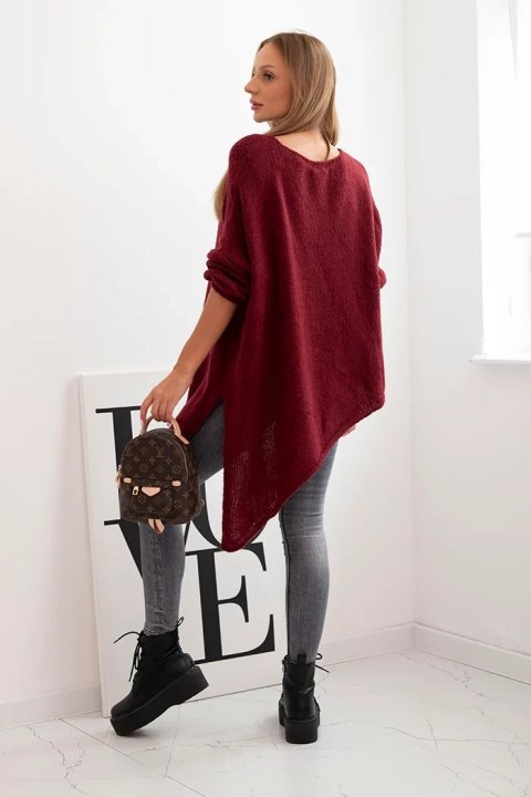 Sweter damski wełniany asymetryczny Plus Size z dekoltem V bordowy