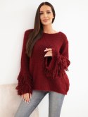 Sweter damski z frędzlami na rękawach i okrągłym dekoltem bordowy