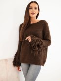 Sweter damski z frędzlami na rękawach i okrągłym dekoltem brązowy