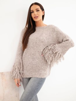 Sweter damski z frędzlami na rękawach i okrągłym dekoltem ciemny beżowy