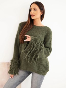 Sweter damski z frędzlami na rękawach i okrągłym dekoltem khaki