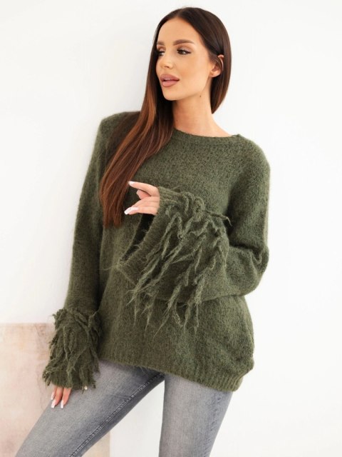 Sweter damski z frędzlami na rękawach i okrągłym dekoltem khaki