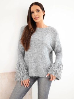 Sweter damski z frędzlami na rękawach i okrągłym dekoltem szary