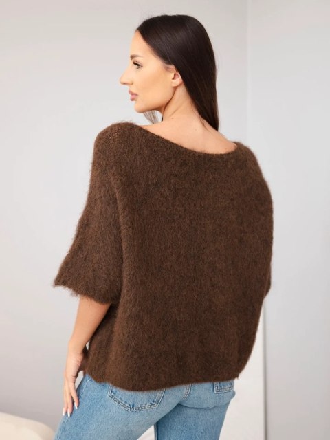 Sweter damski z krótkim rękawem i szerokim dekoltem brązowy