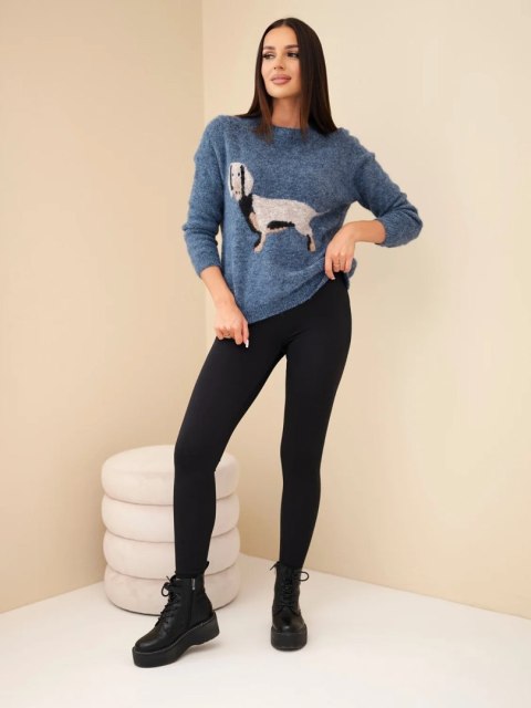 Sweter damski z motywem jamnika i okrągłym dekoltem jeansowy