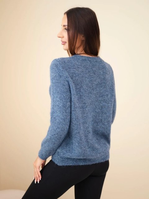 Sweter damski z motywem jamnika i okrągłym dekoltem jeansowy