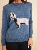 Sweter damski z motywem jamnika i okrągłym dekoltem jeansowy