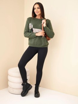 Sweter damski z motywem jamnika i okrągłym dekoltem khaki