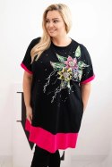 Bluzka damska Plus Size z kwiatowym wzorem i ozdobnymi perełkami fuksja