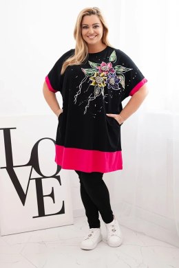 Bluzka damska Plus Size z kwiatowym wzorem i ozdobnymi perełkami fuksja