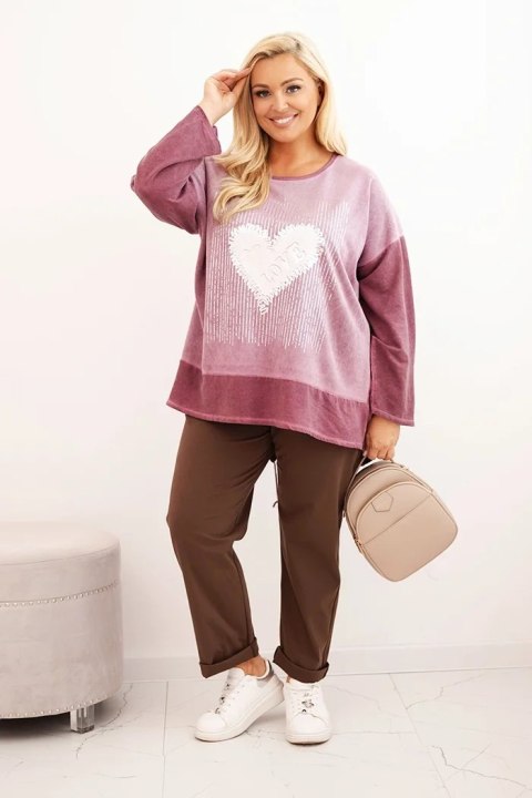 Bluza damska Plus Size bawełniana z nadrukiem serca i troczkami ciemno różowa