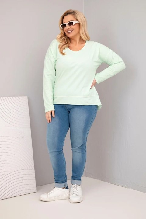 Bluzka damska Plus Size przecierana z dekoltem V i dłuższym tyłem miętowa