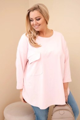 Bluzka damska Plus Size z bawełną z kieszenią i rękawem podwijanym pudrowy róż