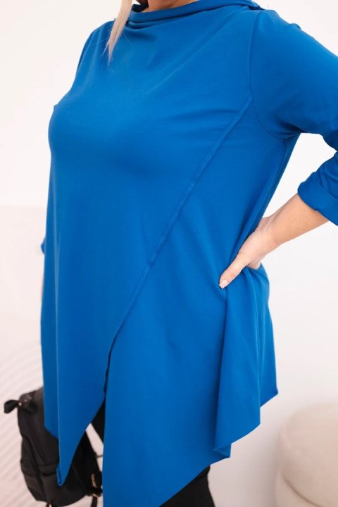Bluzka damska bawełniana Plus Size asymetryczna z podwijanym rękawem chabrowa