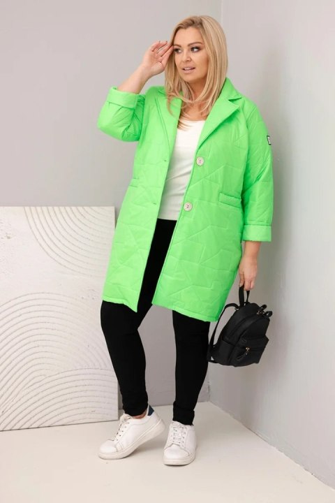 Kurtka damska Plus Size pikowana z ozdobnymi guzikami i kołnierzem zielony neon