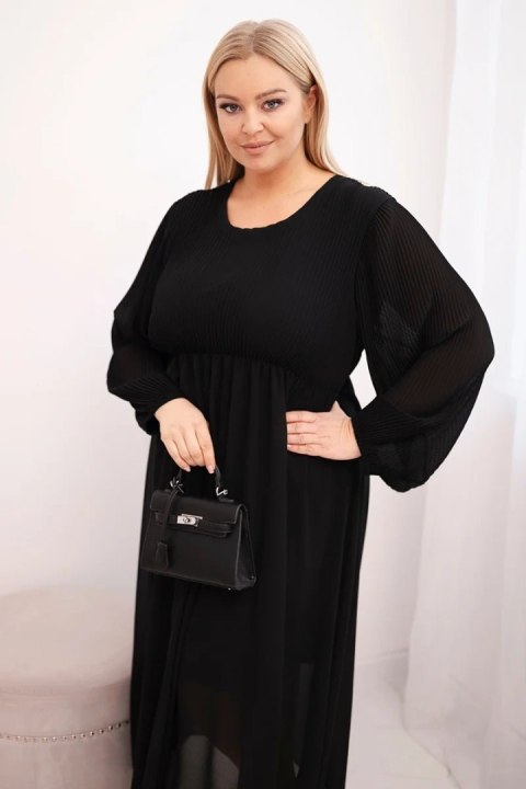 Sukienka plisowana damska Plus Size z wiskozy i z długim rękawem czarna