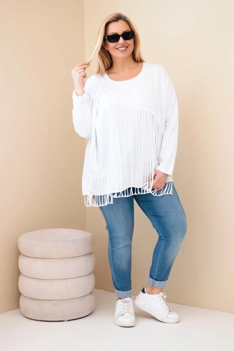 Bluzka damska bawełniana Plus Size z frędzlami biała