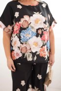 Komplet damski Plus Size z bluzką i spodniami w kwiaty z szeroką nogawką czarny