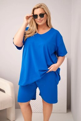 Komplet damski bawełniany Plus Size z bluzką i spodenkami chabrowy