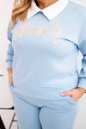 Komplet damski masełko Plus Size z szerokimi nogawkami i kołnierzykiem niebieski
