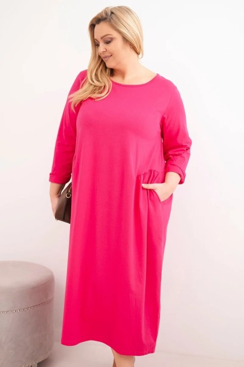 Sukienka damska Plus Size bawełniana z długim rękawem i marszczeniem w talii fuksja