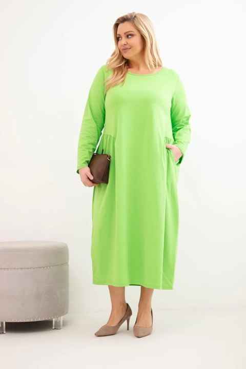 Sukienka damska Plus Size bawełniana z długim rękawem i marszczeniem w talii jasno zielona