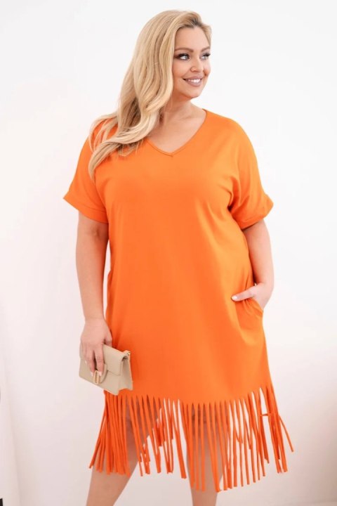 Sukienka damska bawełniana z dekoltem V i frędzlami Plus Size pomarańczowa