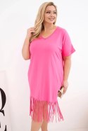 Sukienka damska bawełniana z dekoltem V i frędzlami Plus Size różowa