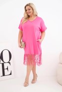 Sukienka damska bawełniana z dekoltem V i frędzlami Plus Size różowa