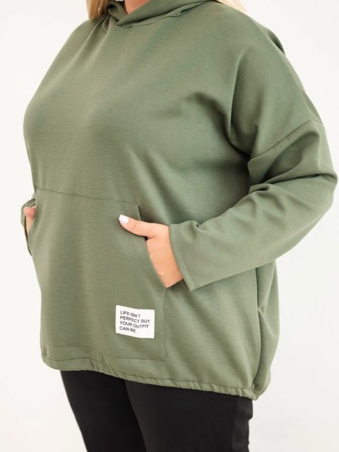 Bluza damska Plus Size masełko z kapturem i kieszenią kangurką khaki