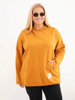 Bluza damska Plus Size masełko z kapturem i kieszenią kangurką musztardowa