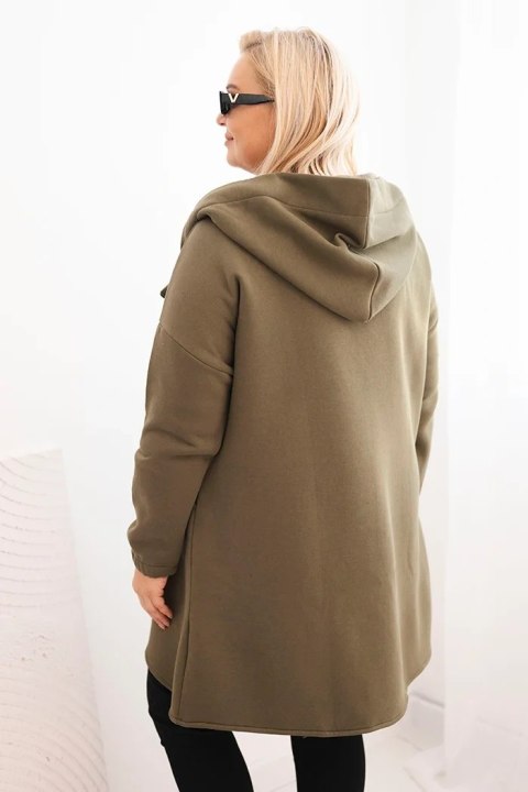 Bluza damska Plus Size ocieplana z kapturem i asymetrycznym zamkiem khaki
