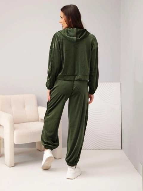 Komplet damski welurowy z wiskozy z bluzą na zamek i spodniami jogger khaki