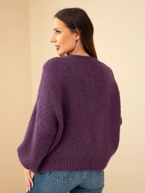 Sweter damski oversize z okrągłym dekoltem i ściągaczem ciemny fioletowy