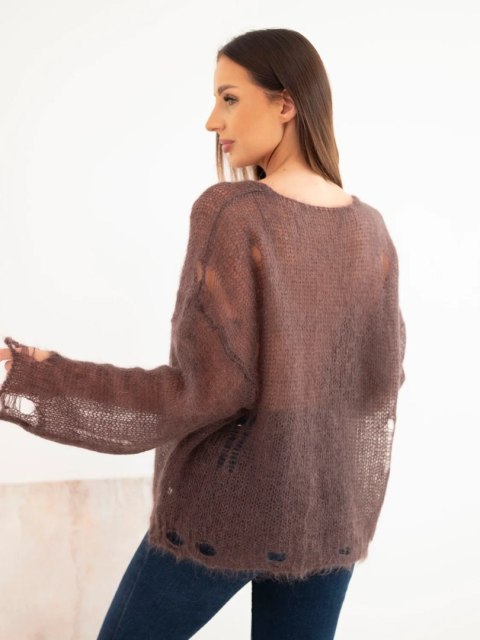 Sweter damski w 70% z kid moheru na guziki z efektem przetarć brązowy