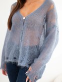 Sweter damski w 70% z kid moheru na guziki z efektem przetarć jeansowy