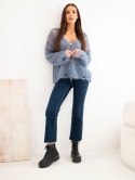 Sweter damski w 70% z kid moheru na guziki z efektem przetarć jeansowy
