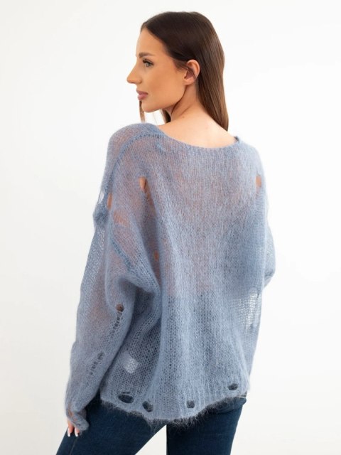 Sweter damski w 70% z kid moheru na guziki z efektem przetarć jeansowy