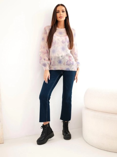 Sweter damski w 70% z kid moheru w kwiaty z długim rękawem fioletowy