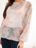 Sweter damski w 70% z kid moheru w kwiaty z okrągłym dekoltem ciemny miętowy