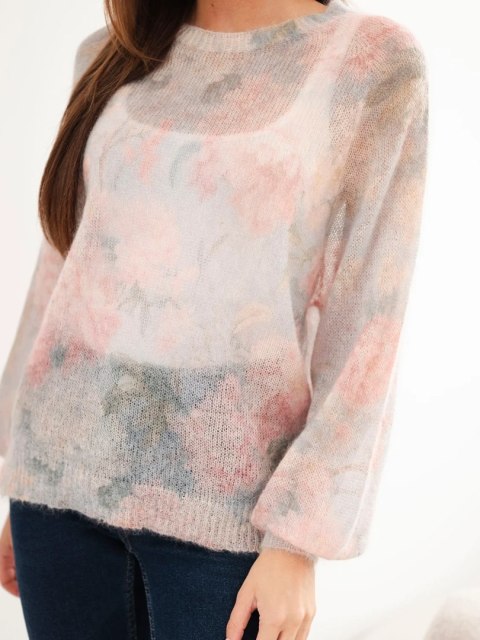 Sweter damski w 70% z kid moheru w kwiaty z okrągłym dekoltem ciemny miętowy