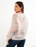 Sweter damski w 70% z kid moheru w kwiaty z okrągłym dekoltem ciemny miętowy