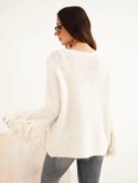 Sweter damski z frędzlami na rękawach i okrągłym dekoltem beżowy