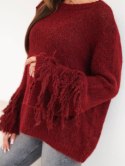 Sweter damski z frędzlami na rękawach i okrągłym dekoltem bordowy