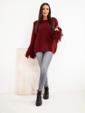 Sweter damski z frędzlami na rękawach i okrągłym dekoltem bordowy