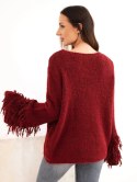 Sweter damski z frędzlami na rękawach i okrągłym dekoltem bordowy