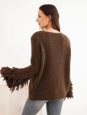 Sweter damski z frędzlami na rękawach i okrągłym dekoltem brązowy