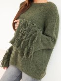 Sweter damski z frędzlami na rękawach i okrągłym dekoltem khaki
