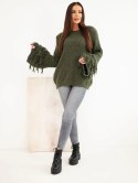 Sweter damski z frędzlami na rękawach i okrągłym dekoltem khaki