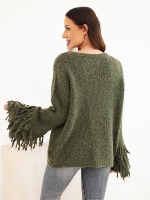 Sweter damski z frędzlami na rękawach i okrągłym dekoltem khaki